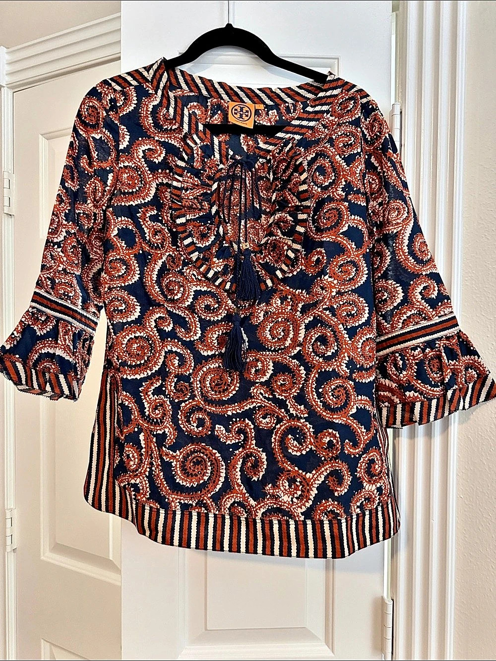 Tory Burch Paisley Cotton Ruffle Tunic Top Blouse navy Blue & Orange Size 6